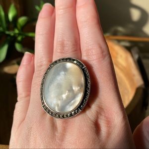 Mother of Pearl & marcasite sterling silver ring.